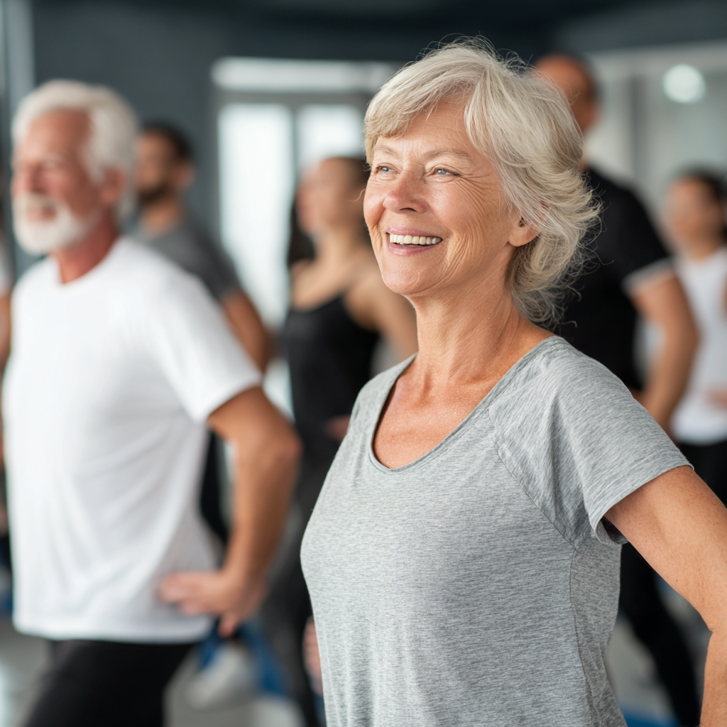 Mature adults participating in guided fitness activities focusing on sustainable wellness practices