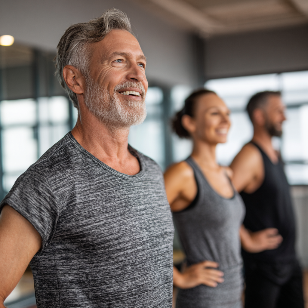 Middle-aged professionals engaging in group fitness session with focus on health and vitality improvement